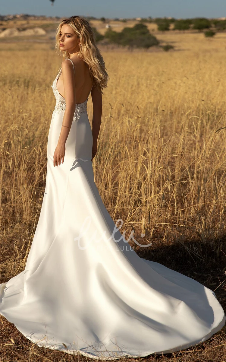 Sleeveless Satin Sheath Wedding Dress with Appliques Elegant & Open Back