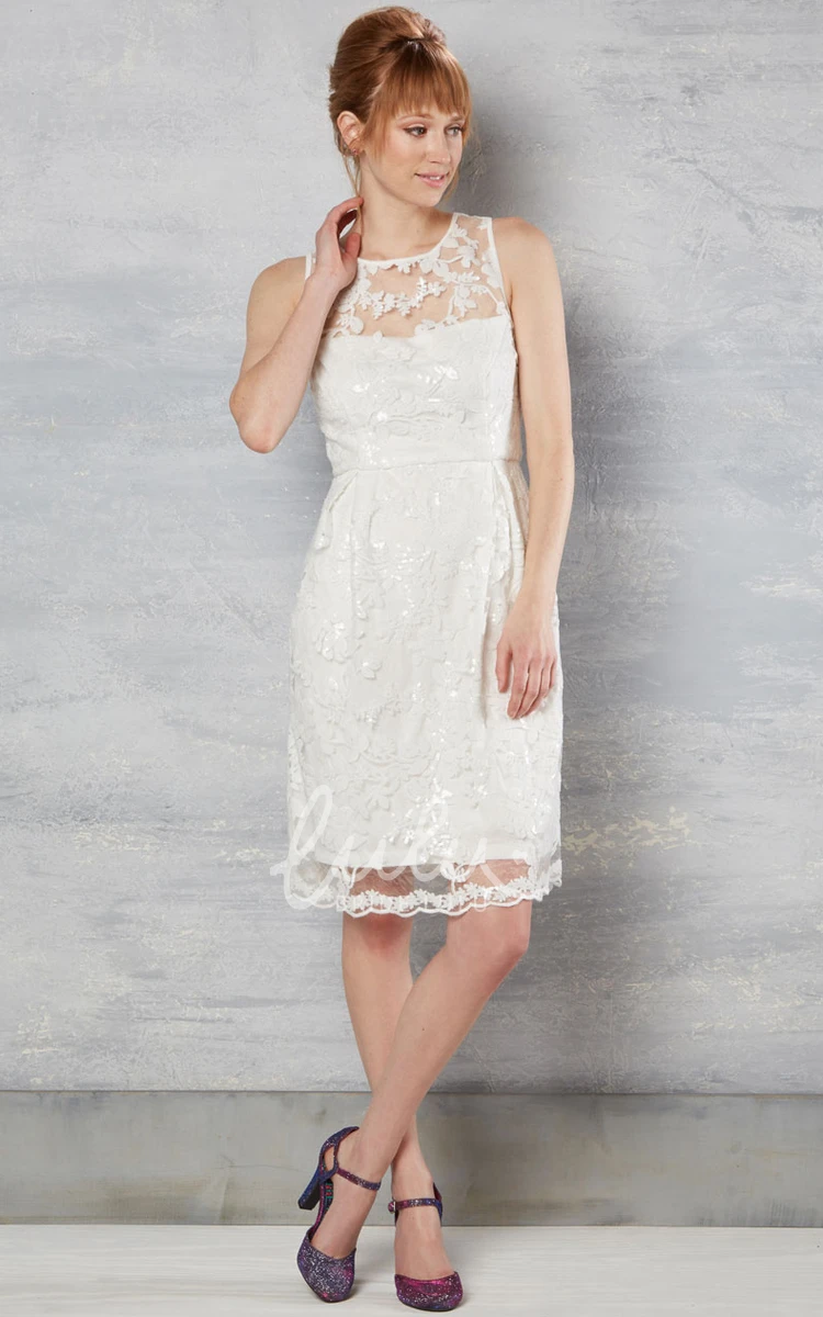 Lace Scoop-Neck Knee-Length Wedding Dress with Appliques Sleeveless