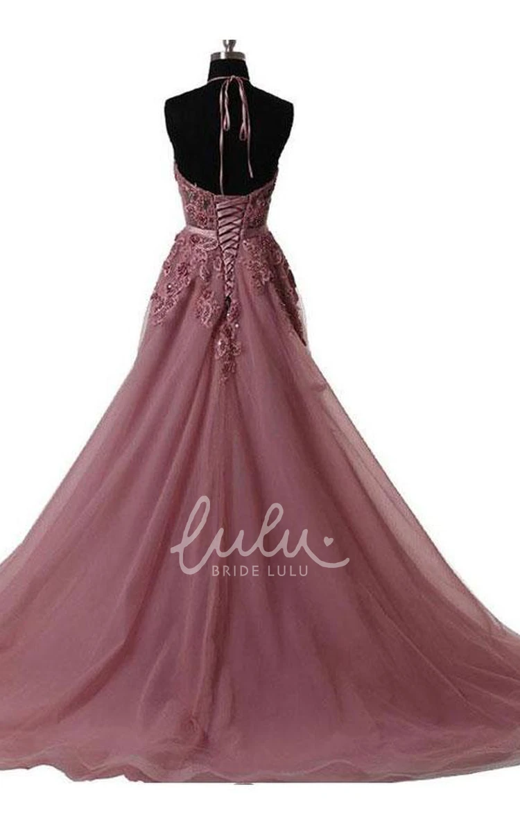 Lace Tulle A-Line Formal Dress with Sweep Train and High Neck