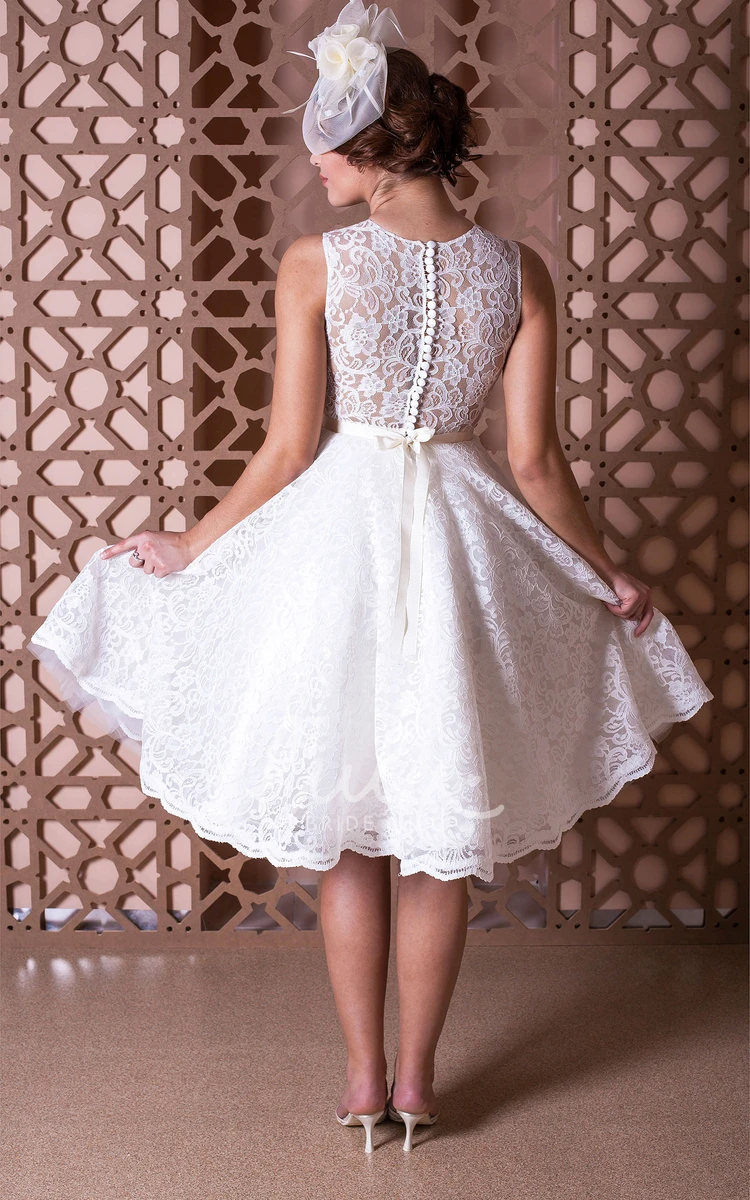 Jeweled Lace Knee-Length Wedding Dress with Scoop and Bow