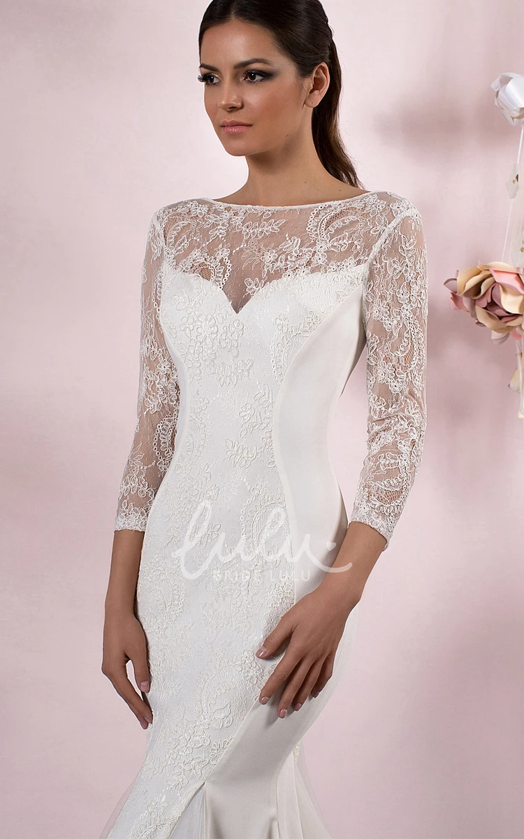 Lace Mermaid Wedding Dress with 3/4 Sleeves and Brush Train