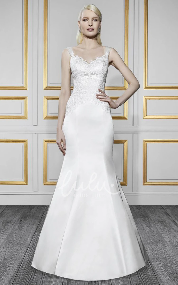 Sleeveless Lace&Satin Wedding Dress with Brush Train Trumpet Appliqued V-Neck Deep-V Back