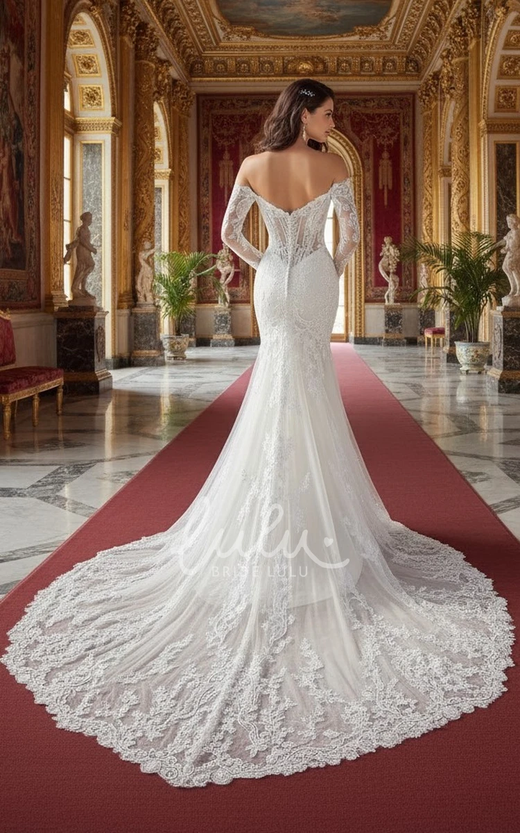 Off the Shoulder Lace Beach Wedding Dress Mermaid Boho Illusion Corset Gown