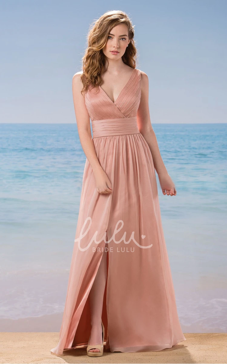 V-Neck Sleeveless A-Line Bridesmaid Dress with Front Slit and Beadings Beaded V-Neck Sleeveless A-Line Bridesmaid Dress with Front Slit