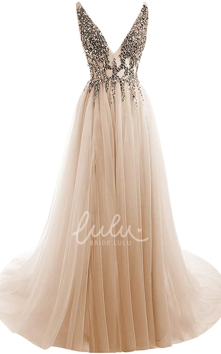 Sleeveless V-neck Tulle A-line Prom Dress with Beading Glamorous