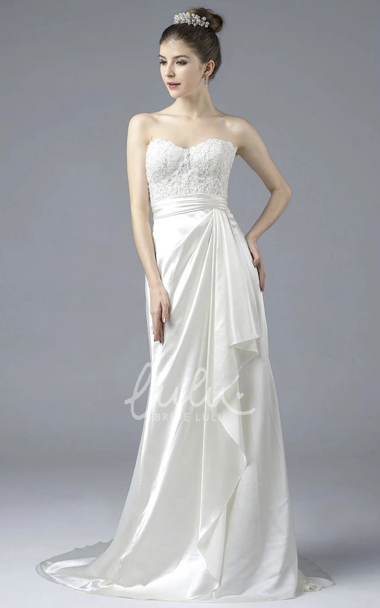 Draped Satin Sweetheart Gown with Lace Applique and Open Back Buttons