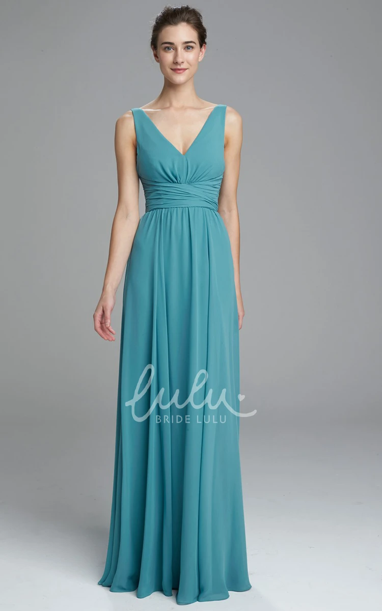 Chiffon Bridesmaid Dress Sleeveless V-Neck with Pleats and Deep-V Back