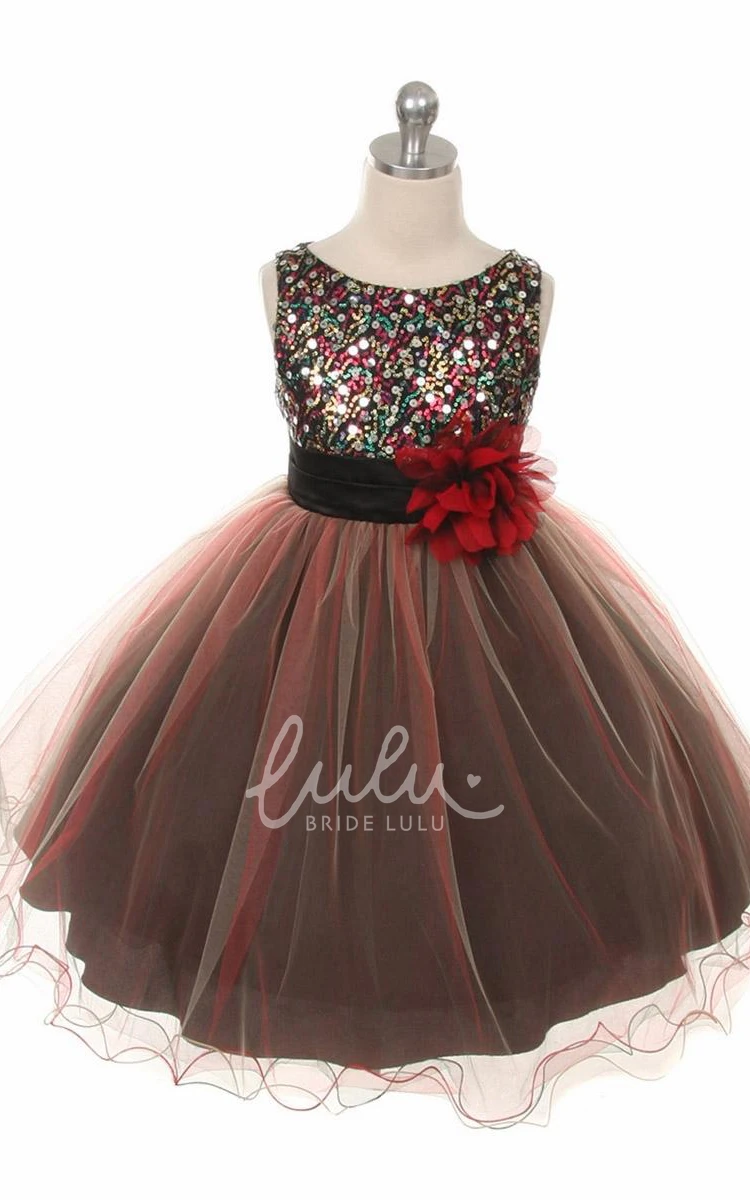 Sequin Satin Tiered Flower Girl Dress Tea-Length 2024