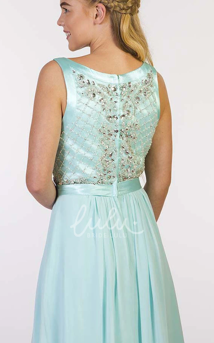 Beaded Scoop-Neck Chiffon Prom Dress Sleeveless Sheath Long