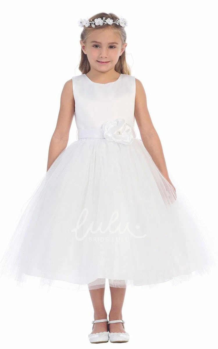 Embroidered Floral Tiered Tulle Satin Flower Girl Dress Tea-Length