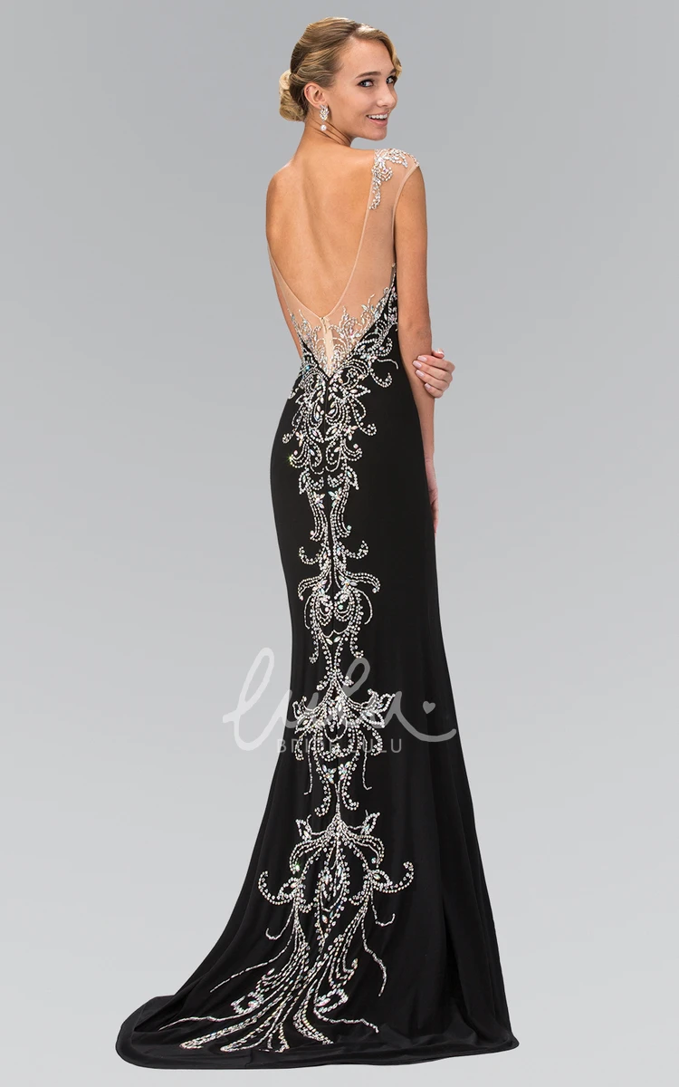 Maxi Cap-Sleeve Scoop-Neck Sheath Jersey Prom Dress with Split Front and Beading