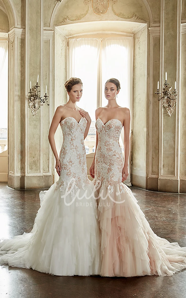 Trumpet Sweetheart Tulle and Lace Wedding Dress Long with Cascading Ruffles and Court Train