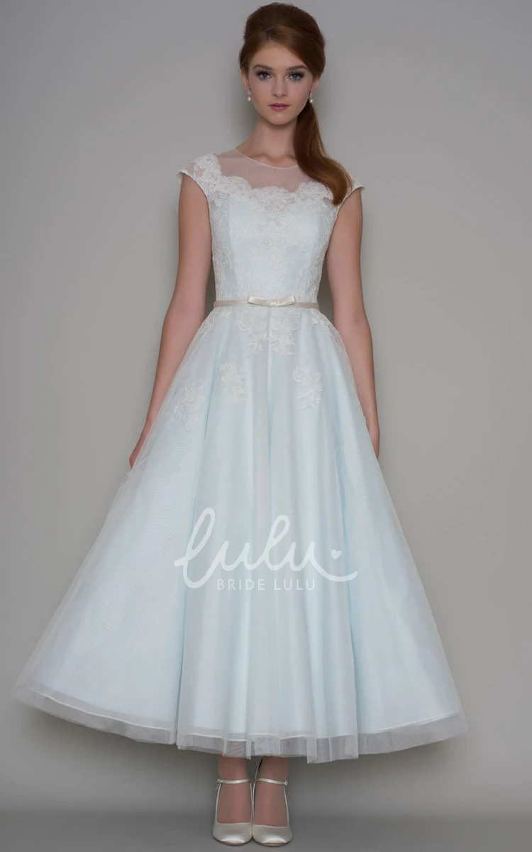 Tulle Cap Sleeve Ankle-Length A-Line Wedding Dress with Applique Unique Bridal Gown