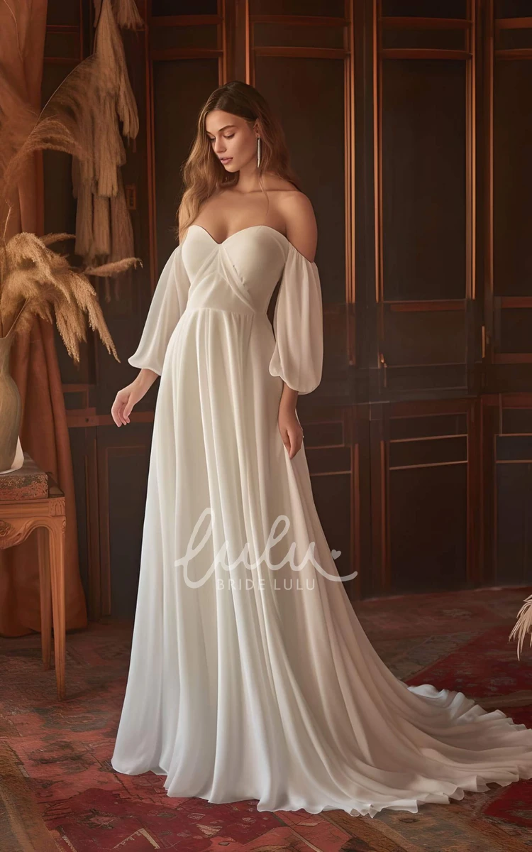 Elegant Chiffon A-Line Wedding Dress with Ruching Off-the-shoulder Beach Train