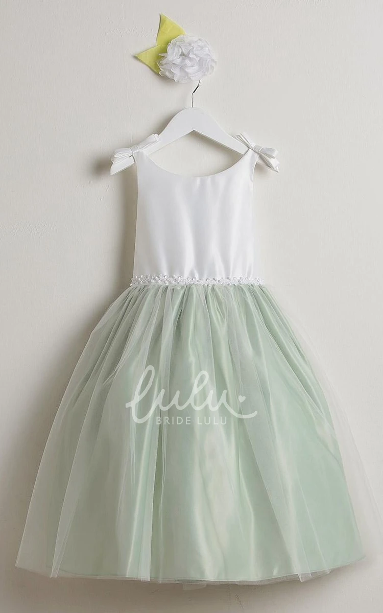 Sleeveless Tulle&Satin Flower Girl Dress Tea-Length Bowed