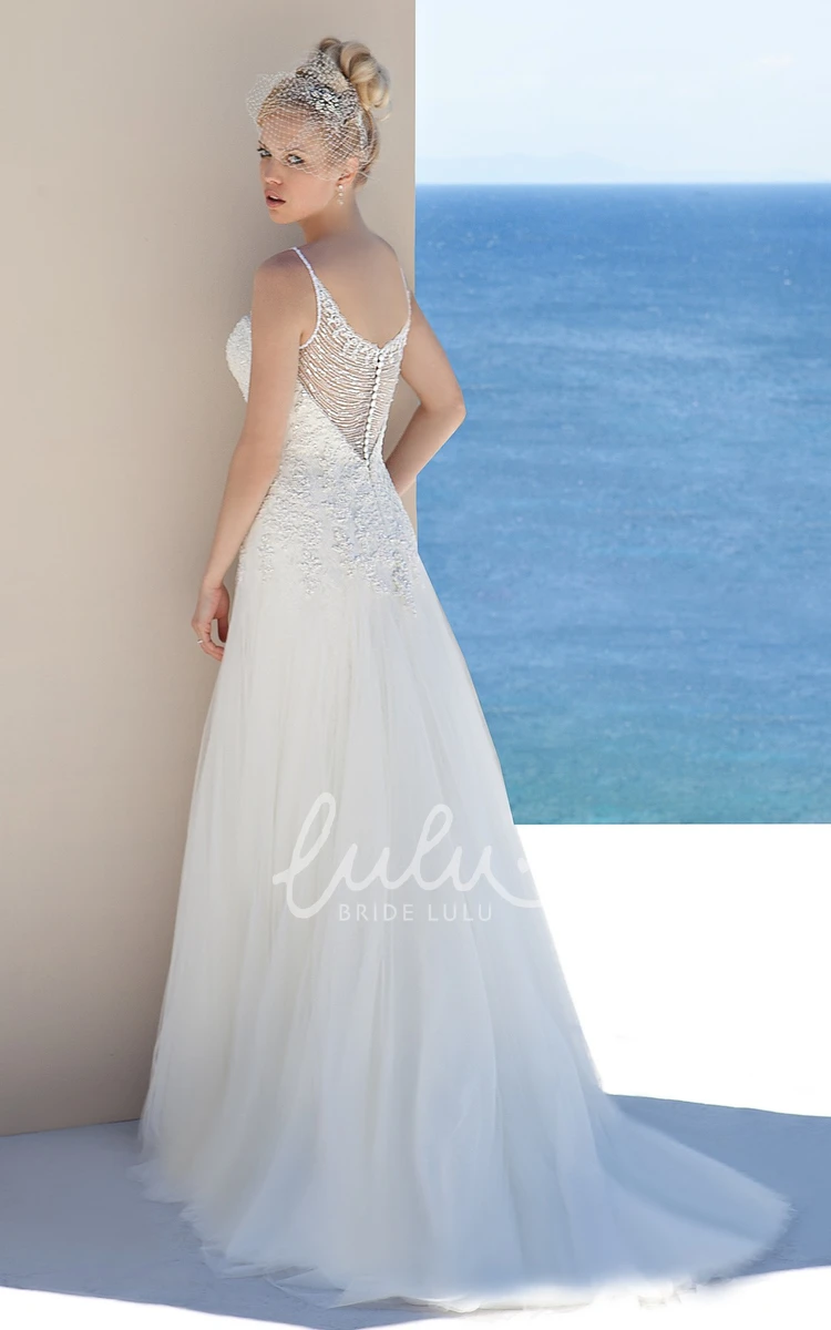 Tulle Scoop-Neck A-Line Wedding Dress with Beaded Appliques and Floor-Length