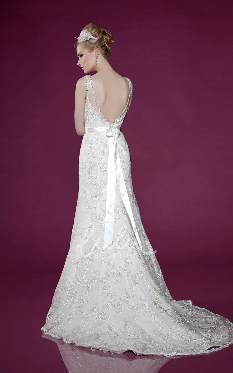 Satin Bateau Wedding Dress with Court Train and Bow Classic Bridal Gown