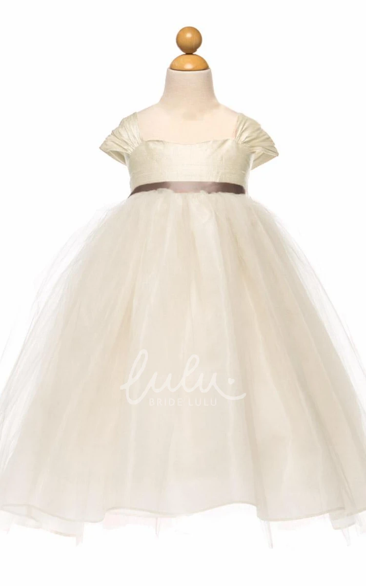Cap-Sleeve Tulle & Satin Ruched Tea-Length Flower Girl Dress Modern Wedding Dress