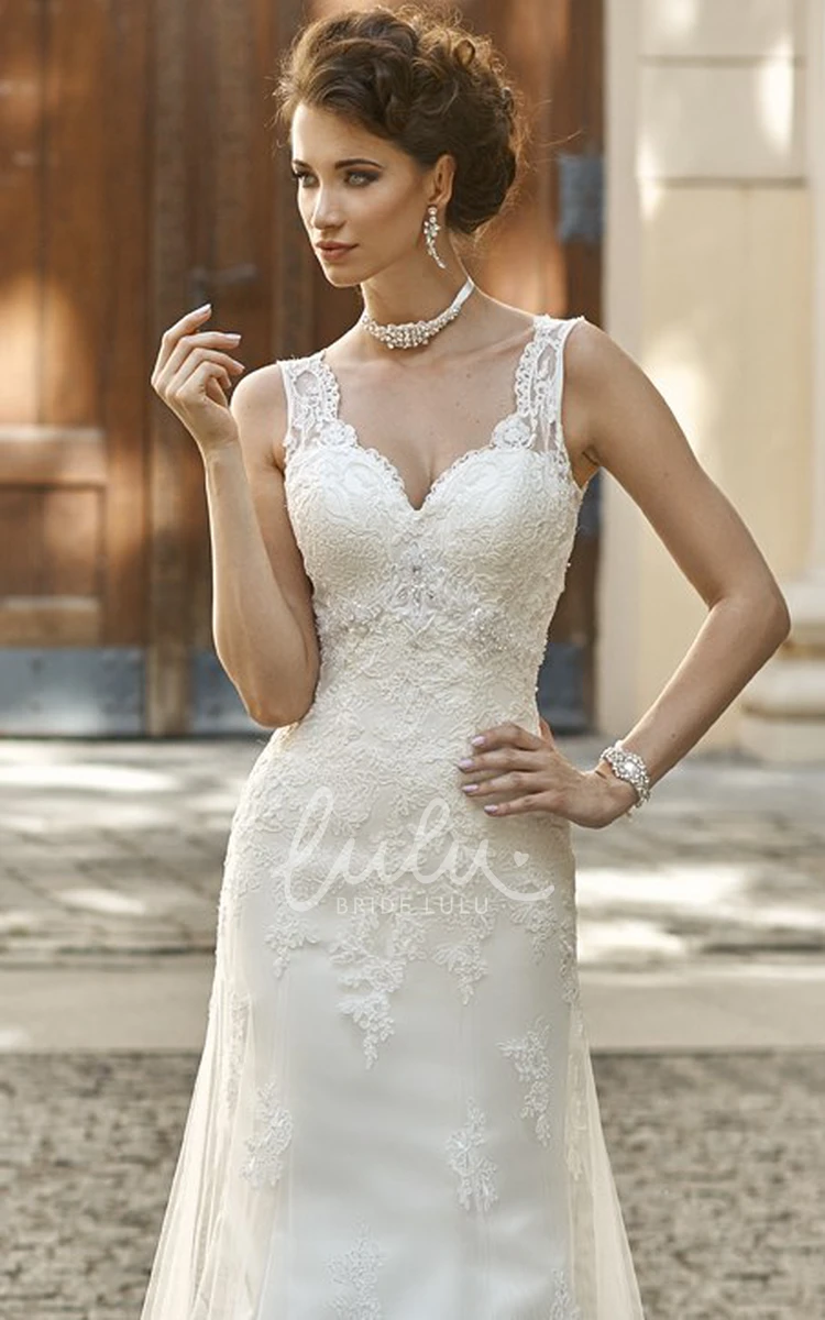 Sleeveless Sheath Lace&Satin Wedding Dress Floor-Length V-Neck