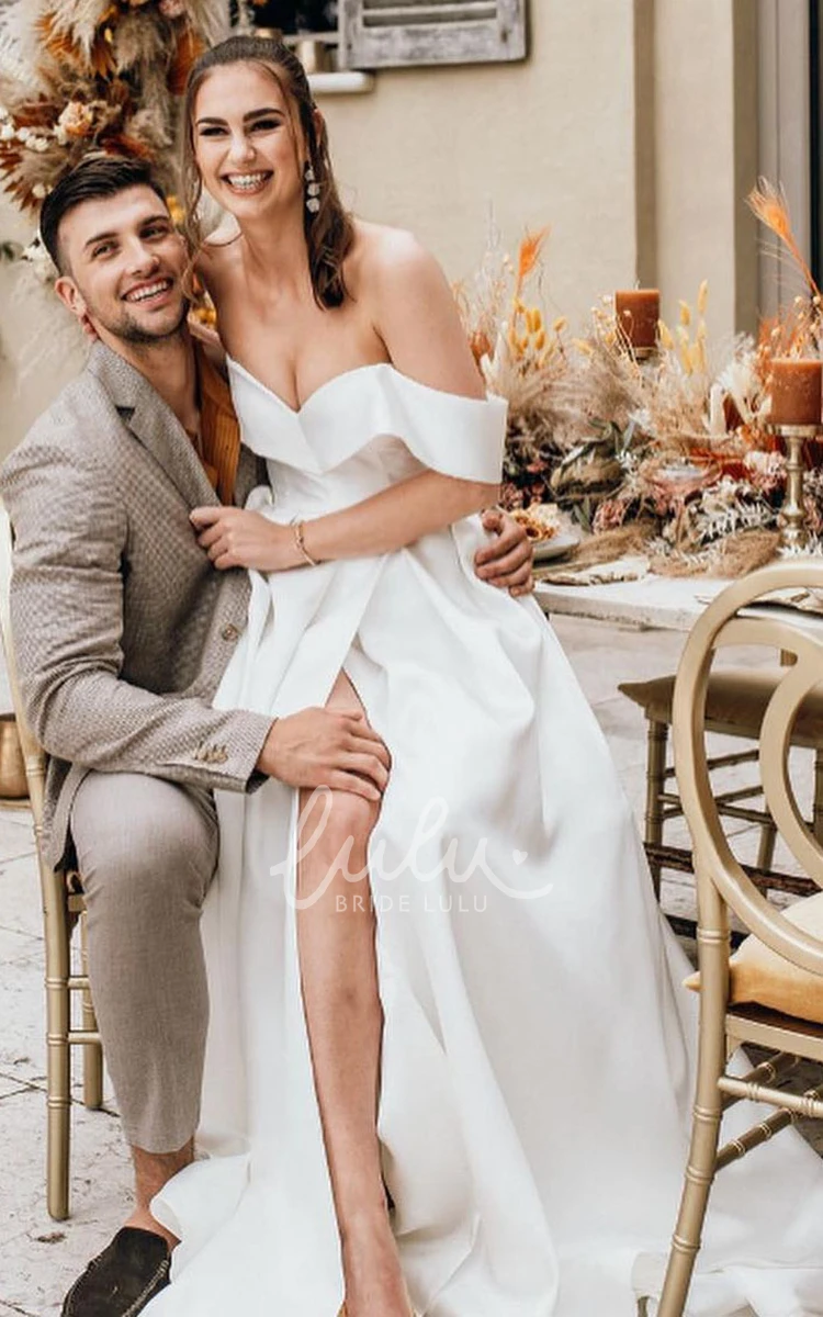 Off-shoulder Satin Beach Wedding Dress with Split Front and Open Back Simple Sexy