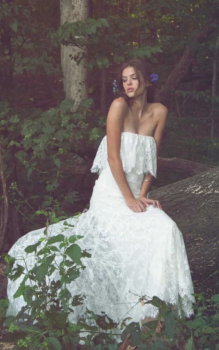 Boho Lace Wedding Dress with Ruffles Off-Shoulder Long Sheath Flowy