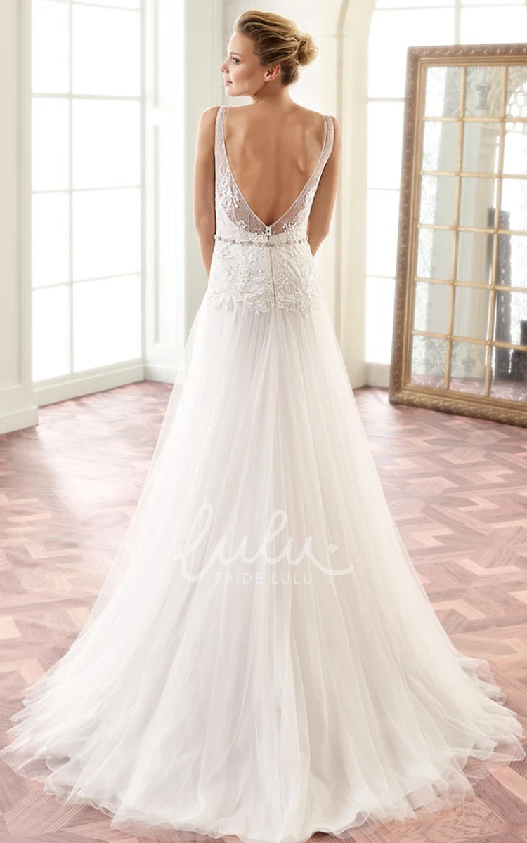 Sleeveless V-Neck Wedding Dress with Lace Appliques and Pleats A-Line Floor-Length