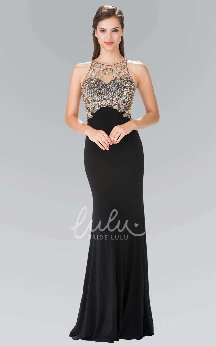 Jewel-Neck Sleeveless Jersey Formal Dress with Beading Sheath Long