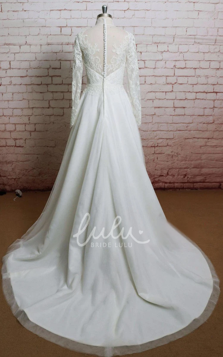 Long Sleeves A-Line Tulle Wedding Dress High Collar