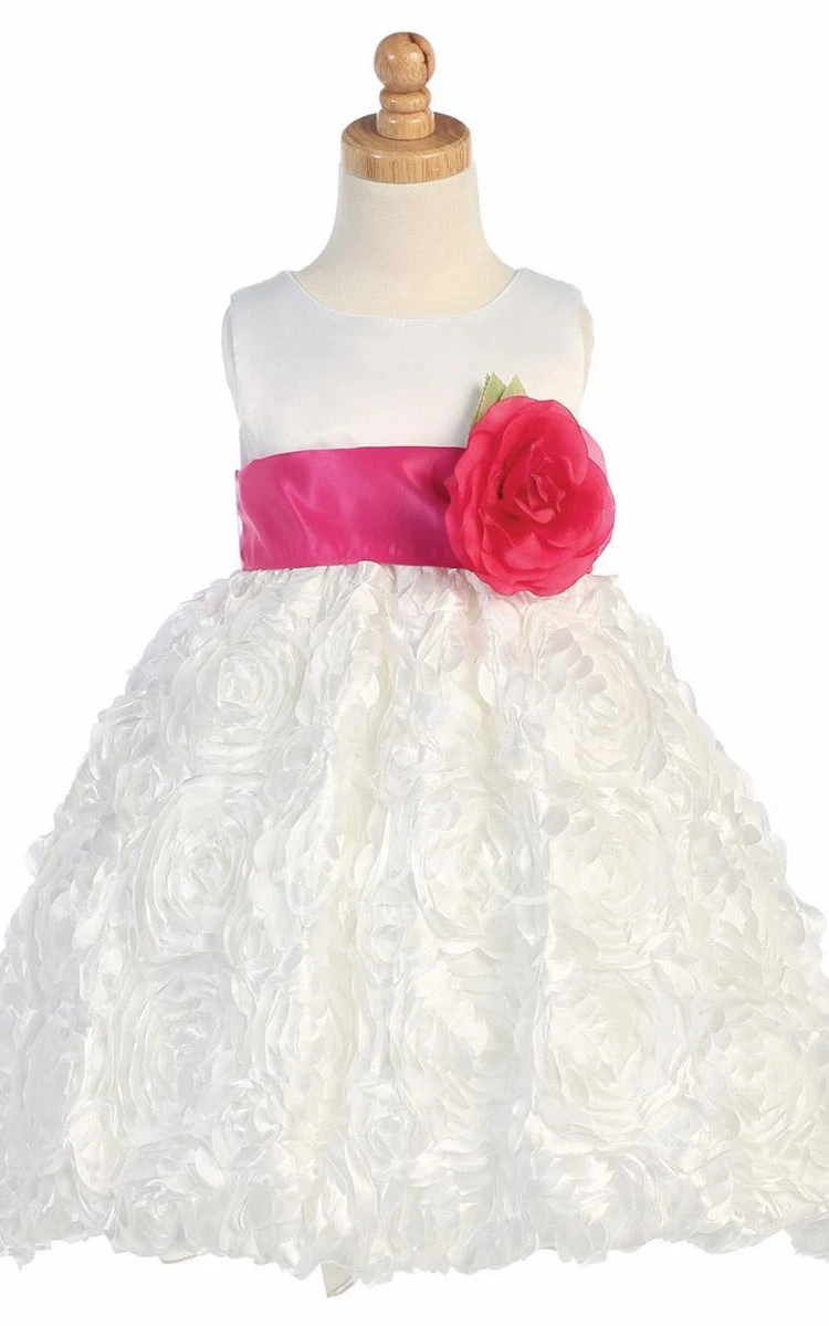 Satin Tiered Tea-Length Flower Girl Dress with Floral Accents