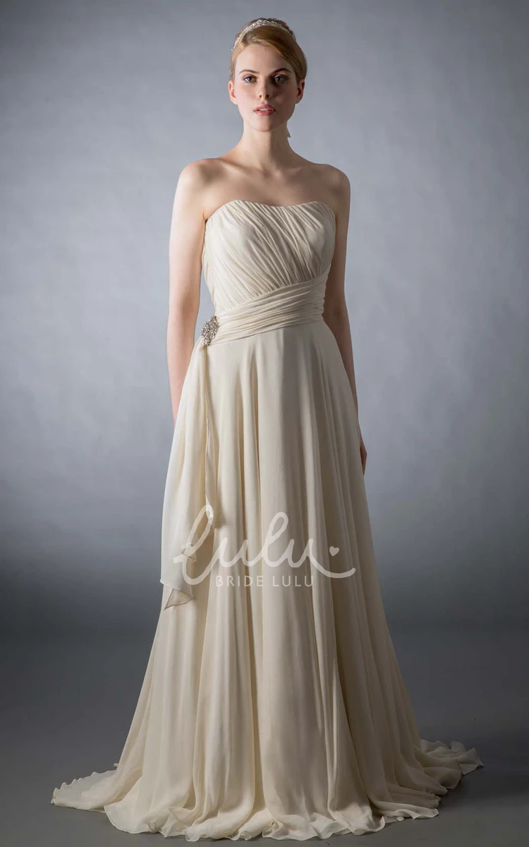 Chiffon Wedding Dress Floor-Length Strapless Ruched Broach Brush Train