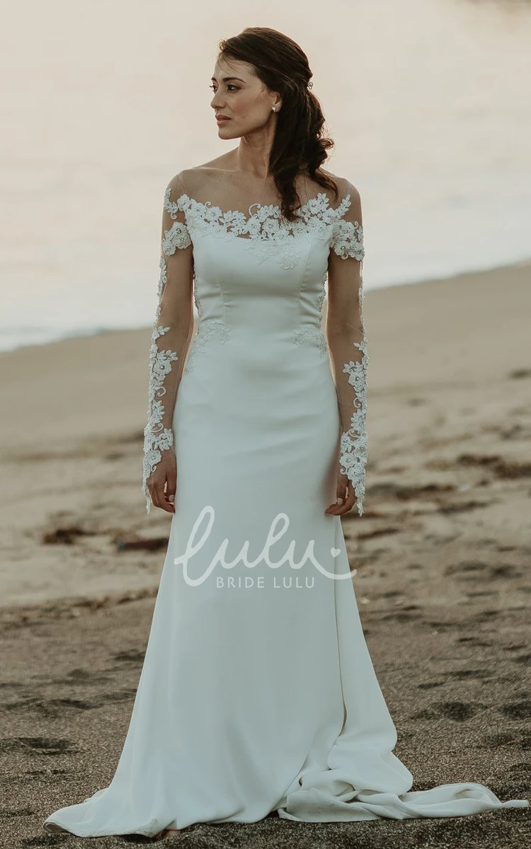 Satin Off-Shoulder Sheath Beach Wedding Dress Casual Bridal Gown with Illusion Back and Appliques