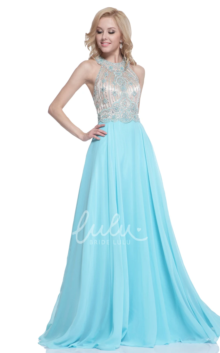 High Neck Chiffon Sleeveless Dress with Beading and Pleats Bridesmaid Dress