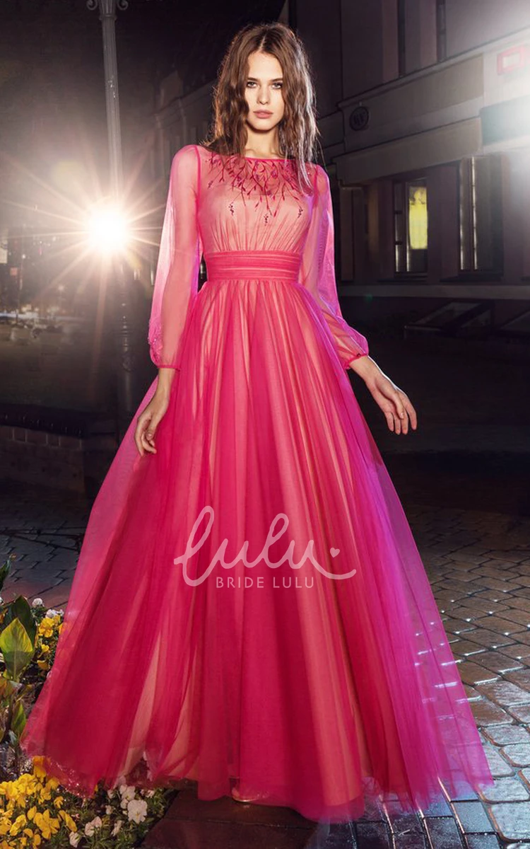 Bateau Sleeve A-Line Formal Dress with Tulle Illusion and Long Sleeves