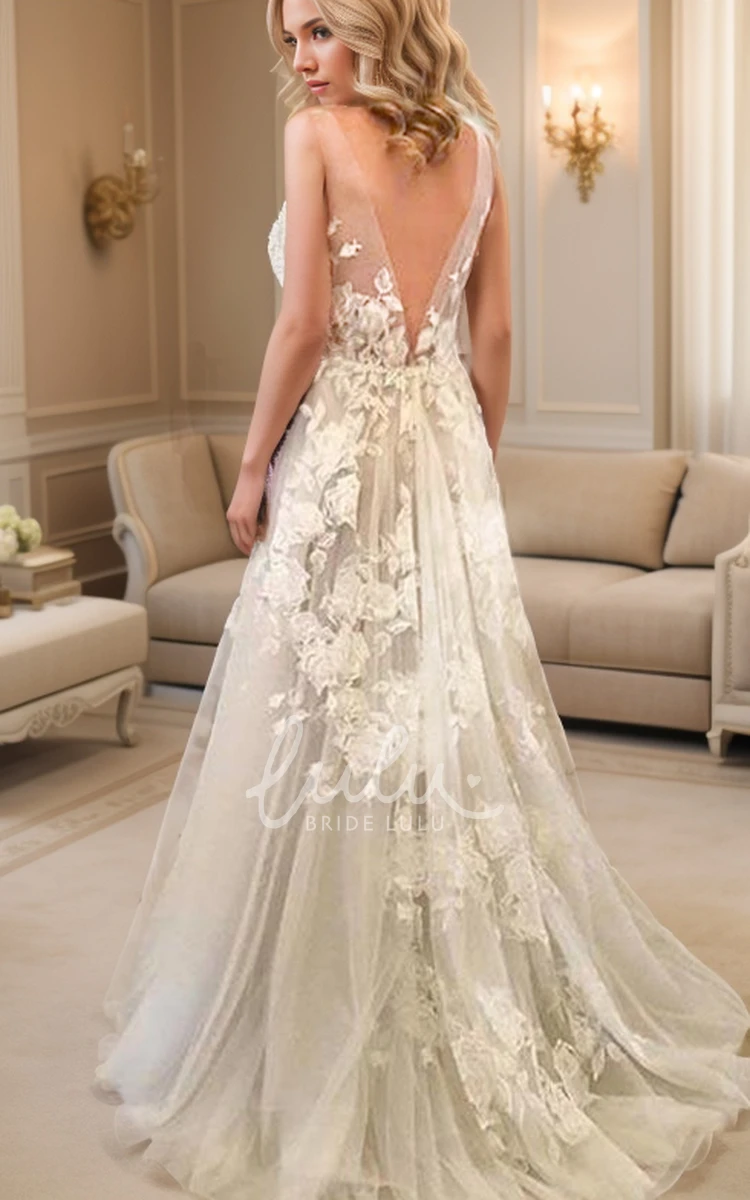 Romantic Lace Petals Ethereal Sleeveless Illusion Straps Floor-length V-neck V-back Mesh Wedding Dress