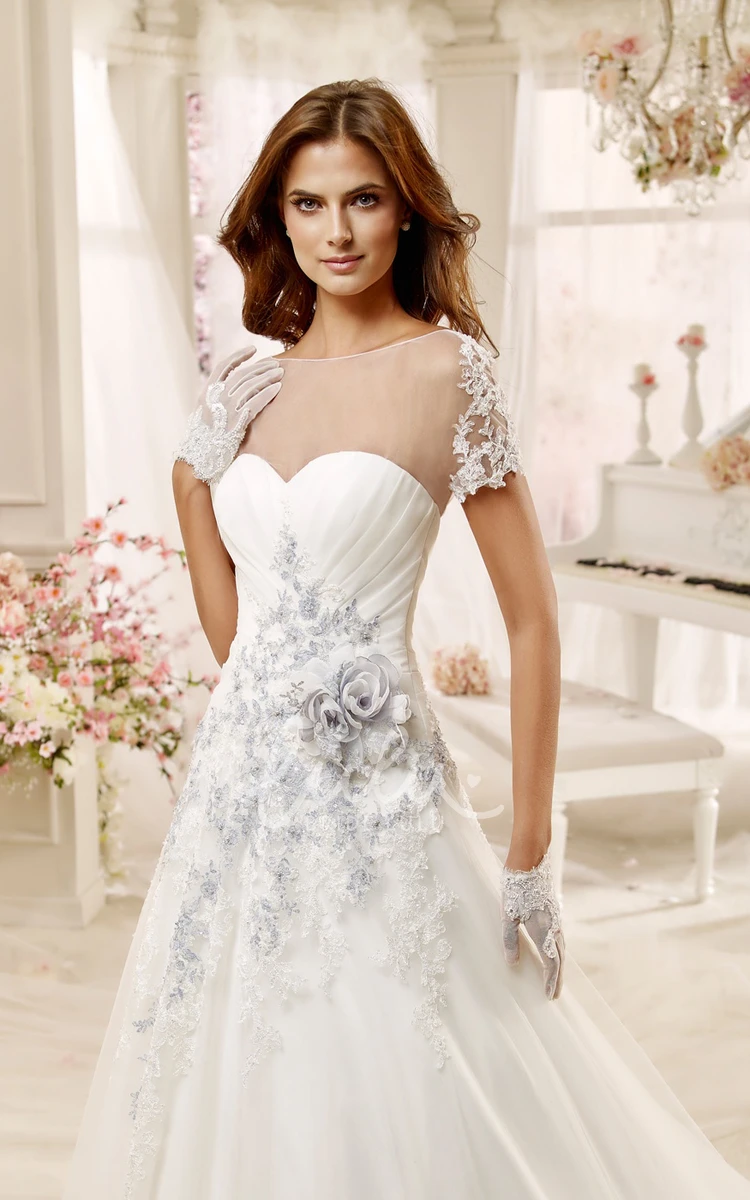 Beaded Illusion A-line Wedding Dress with Flowers Jewel Neck Elegant