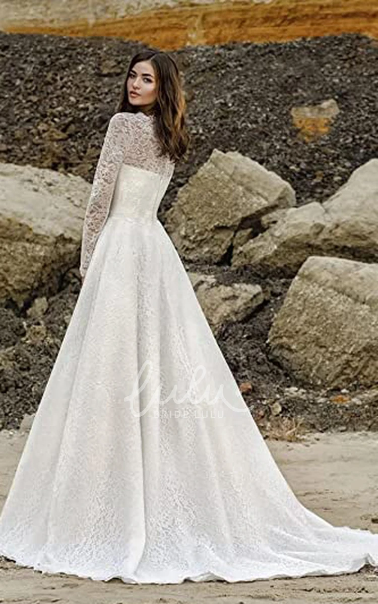 Romantic Lace A-Line Wedding Dress with Illusion Sleeves Simple and Elegant
