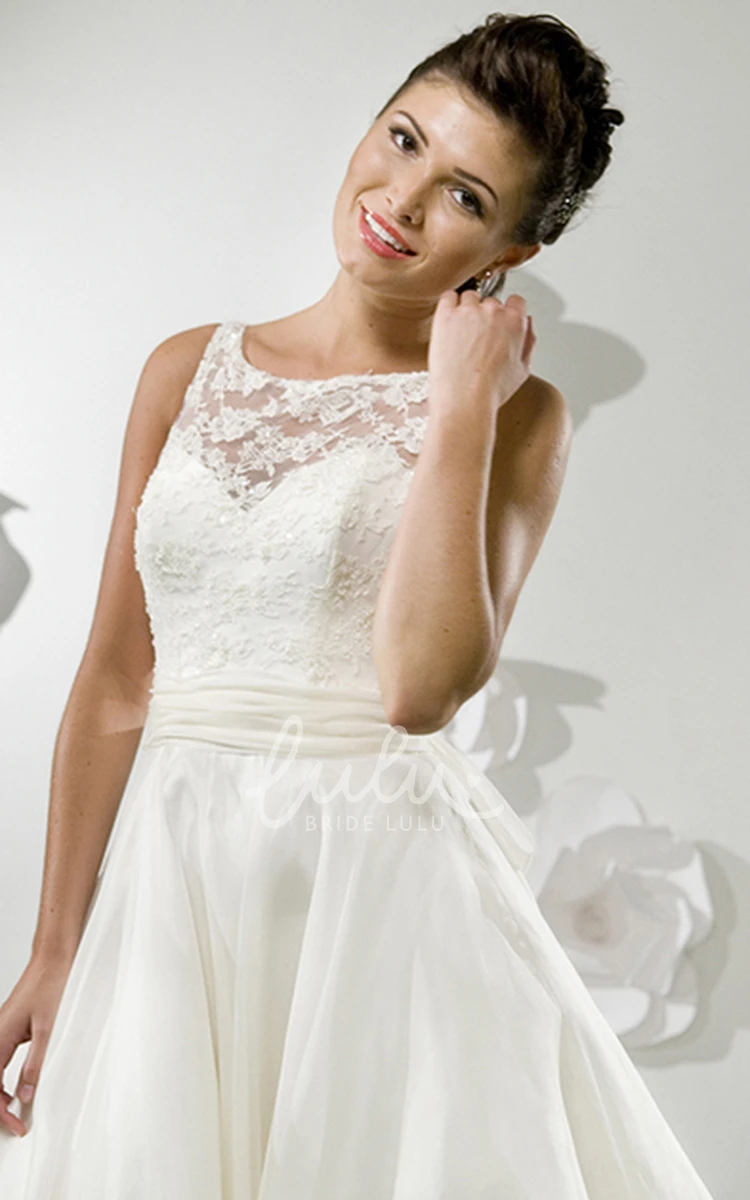 Sleeveless Satin Wedding Dress with Illusion A-Line Tea-Length Scoop-Neck