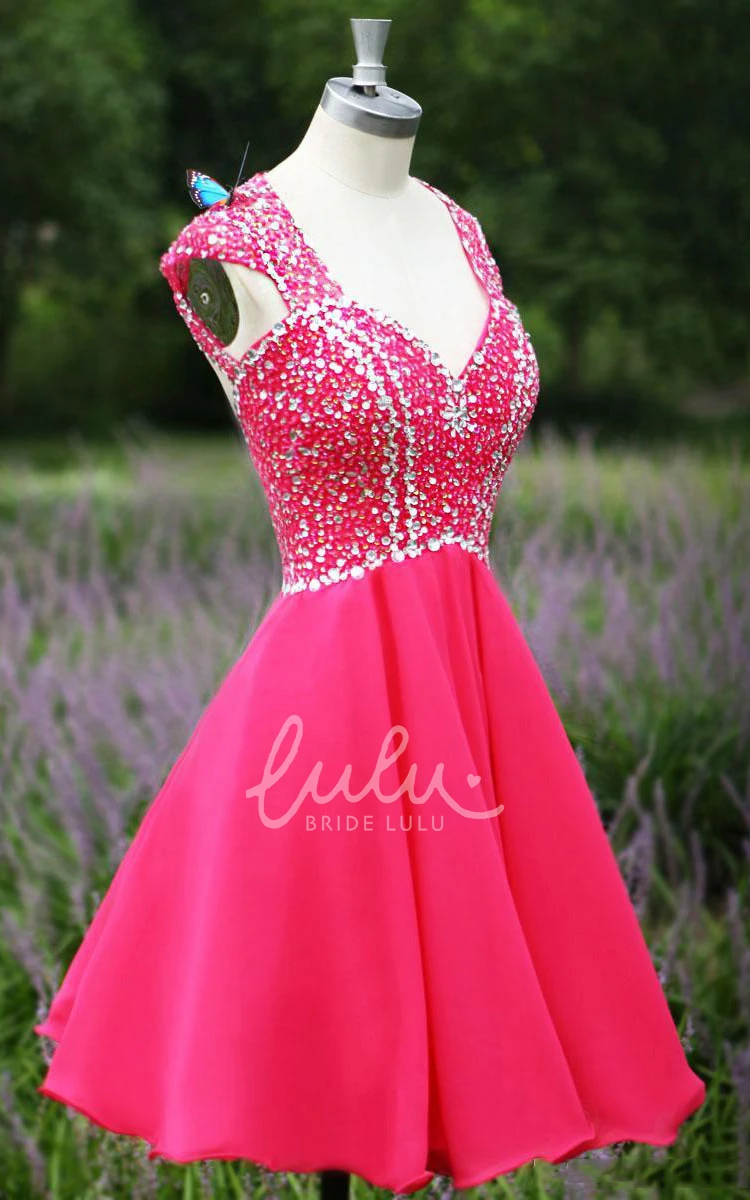 Crystal Embellished V-neck Cap Sleeve Prom Dress