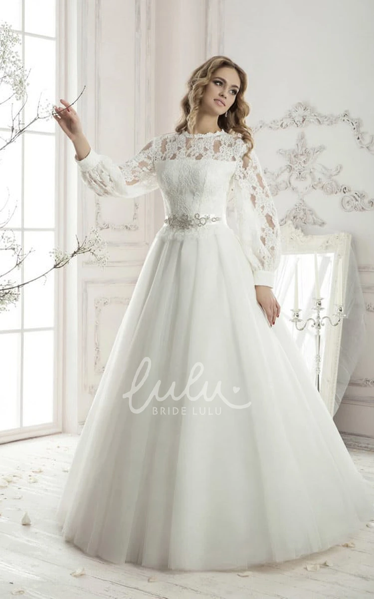 Appliques Tulle Floor-Length Wedding Dress with Lace Top and Long Sleeves