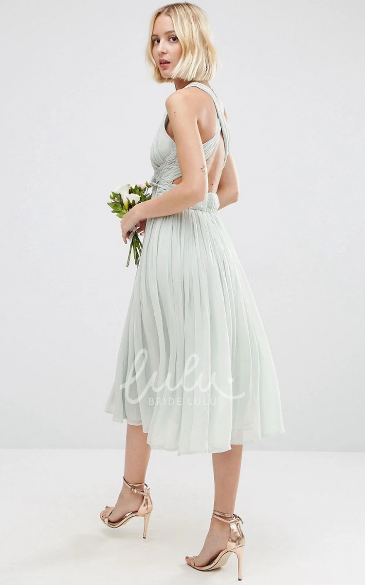 Knee-Length Chiffon Bridesmaid Dress V-Neck Sleeveless with Ruching and Straps