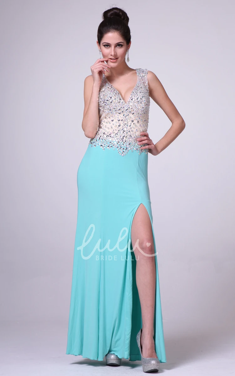 V-Neck Sleeveless Sheath Prom Dress with Beading and Split Front