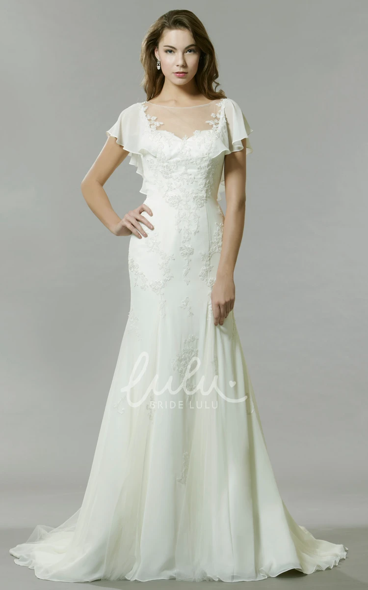 Chiffon Wedding Dress with Poet-Sleeves Bateau-Neck and Illusion Detail