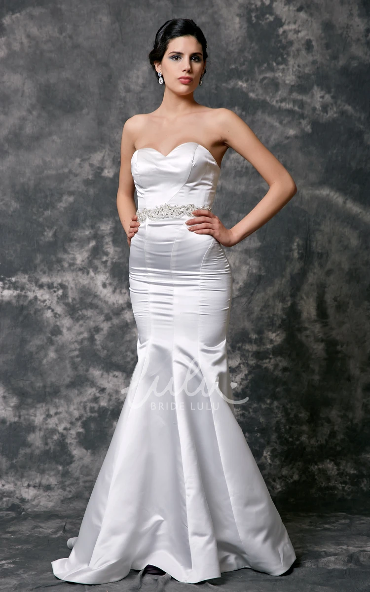 Satin Mermaid Wedding Dress with Sweetheart Sleeveless Neckline and Beaded Waist