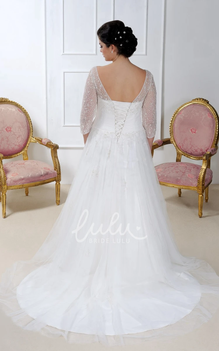 A-Line Tulle Dress with Caped Sleeves and Bateau Neckline for Wedding