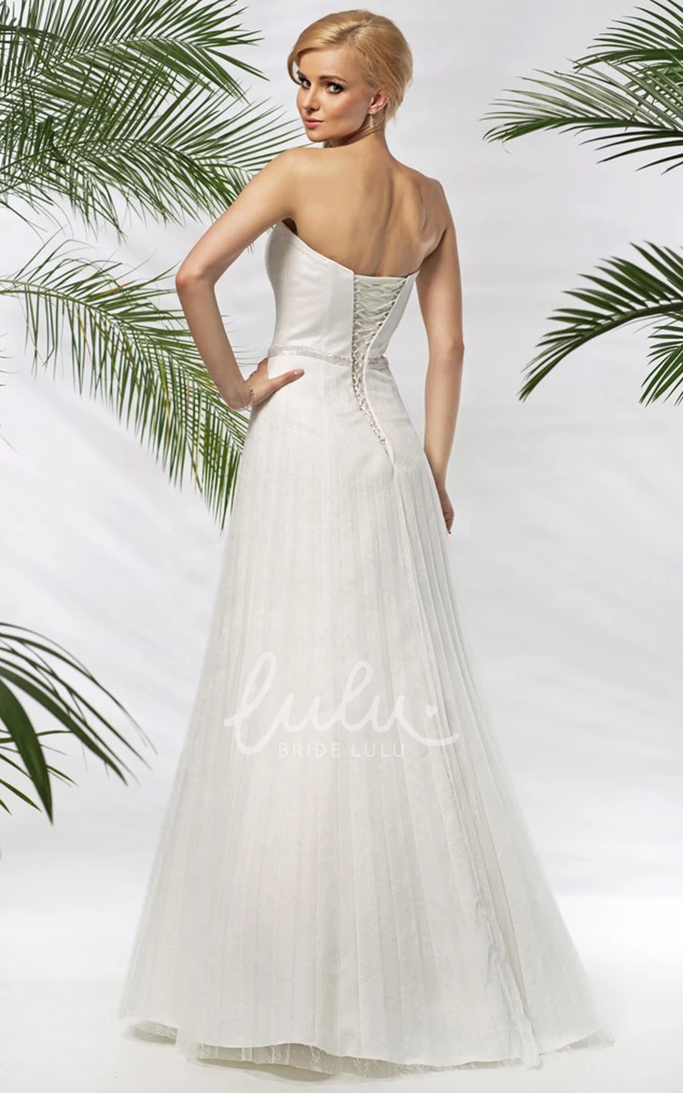 Long Strapless Satin & Tulle Wedding Dress A-Line Pleated Jeweled