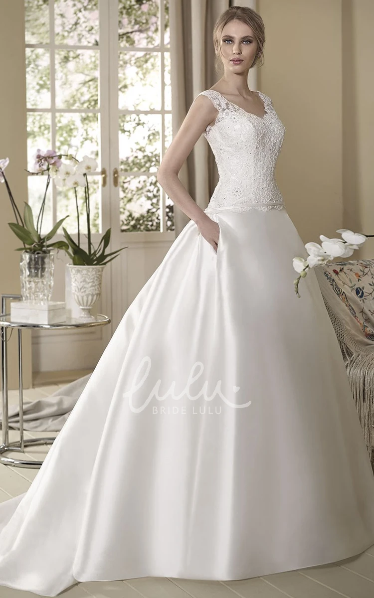 Sleeveless V-Neck Appliqued Satin Ball Gown Wedding Dress Elegant 2024 Women's Dress