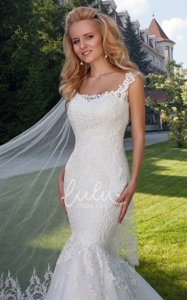 Square Appliqued Lace&Tulle Wedding Dress Mermaid Chapel Train