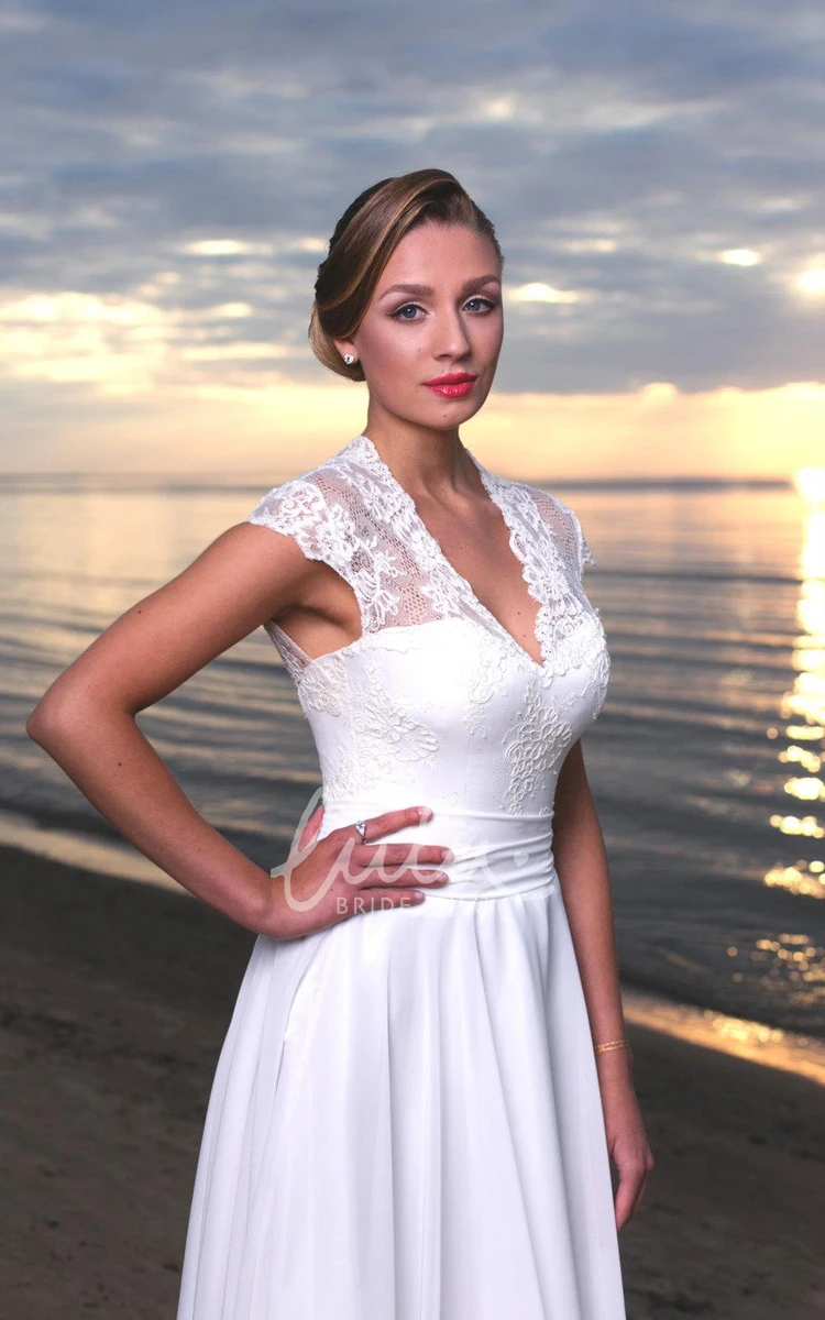 Long A-Line Chiffon & Lace Wedding Dress with Cap Sleeves V-Neck & Flowy