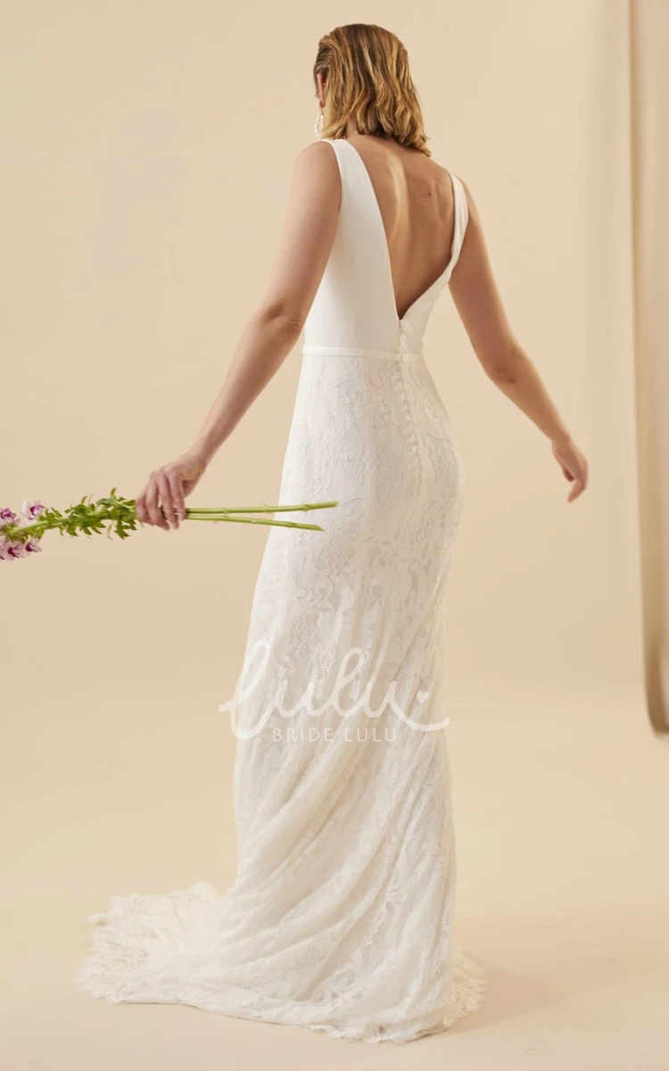 Modern Lace Sleeveless Wedding Dress with Floor-length and Low-V Back