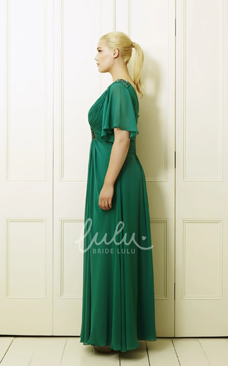 Plus Size V-Neck Chiffon Prom Dress with Ruching and Broach